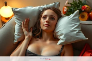 The image features a woman lying down with her head resting on two pillows. She is wearing a black bra and has her hand placed near her face. The setting appears to be indoors, possibly in a cozy room, with warm lighting that casts soft shadows around the environment. The woman's expression is serene, suggesting a moment of relaxation or contemplation.