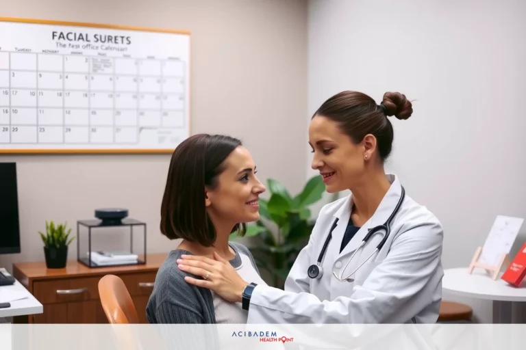 In an indoor setting, a female doctor in scrubs is providing care to her patient. The office environment includes a desk with a calendar, and the atmosphere appears calm and professional.