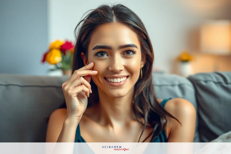 A young woman smiling at the camera, sitting on a gray couch. She has her hand near her chin and wears a black top. The room has white walls with decorative items like vases with flowers.