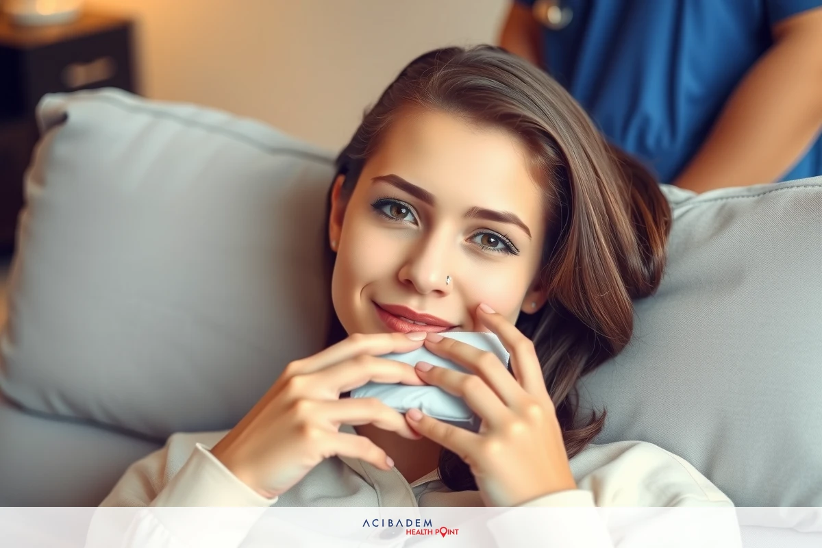 The image shows a young woman lying down in what appears to be a clinical or medical setting. She is resting comfortably, with her head propped up by pillows. Her expression suggests relaxation and contentment. The environment around her includes a gray couch and there are people nearby who seem to be healthcare professionals, indicated by the blue scrubs one individual is wearing.
