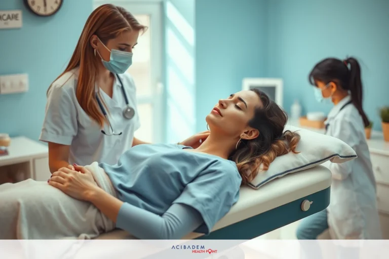 The image depicts a medical setting with two nurses and one patient. The nurses are wearing blue scrubs, surgical masks, and face shields, indicating hygiene standards for healthcare professionals.