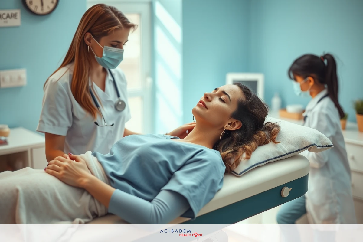 The image depicts a medical setting with two nurses and one patient. The nurses are wearing blue scrubs, surgical masks, and face shields, indicating hygiene standards for healthcare professionals.