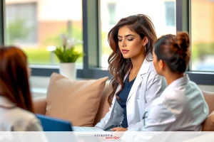 In a professional setting, three women in coats are sitting on a couch. The woman in the middle is engaged in conversation with the two flanking her. They appear to be medical professionals discussing work.