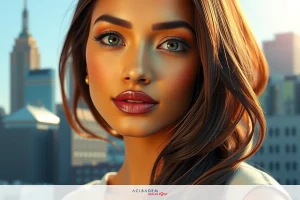 This is a promotional image featuring a woman with striking makeup. She has vibrant green eyes, full eyelashes, and her lip color complements the overall look.