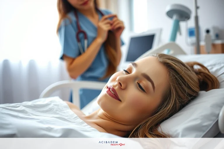 Can You Wax Upper Lip After Rhinoplasty? The image shows an indoor setting with a woman lying on a hospital bed. The woman appears relaxed, possibly resting or asleep. A female nurse is present, wearing a medical uniform and standing next to the patient, who is undergoing some kind of medical examination or procedure.