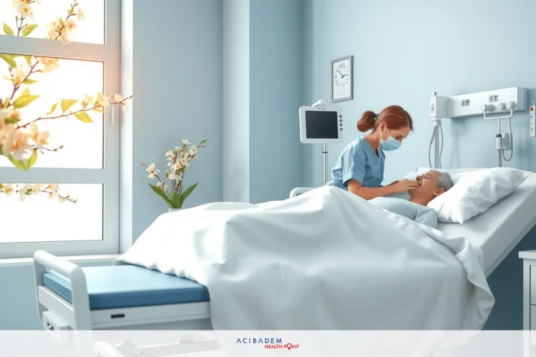 Image of a patient in a hospital bed with a nurse attending to them. The setting is brightly lit, and the environment appears clean and well-equipped.