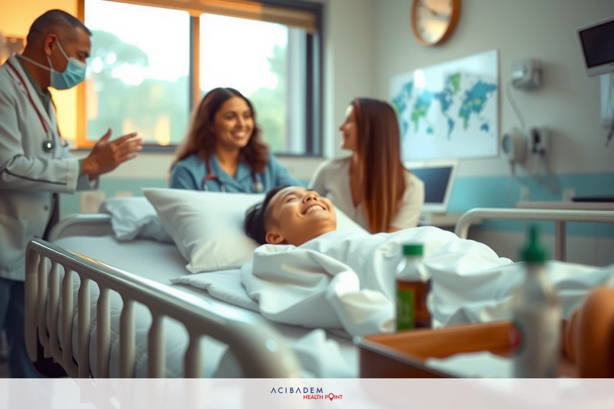 The image depicts a medical setting with a group of healthcare professionals and a patient. A doctor is standing and smiling, possibly in conversation with two nurses who are also engaged in the interaction. In the foreground, there's an infant lying on a bed within a hospital room. The environment suggests a hospital or healthcare facility where care is being provided.