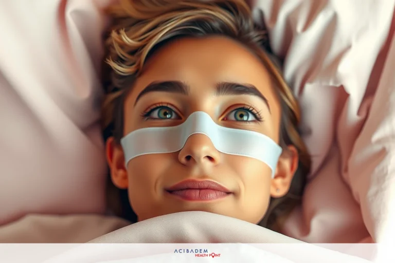How Do You Tape Your Nose After Rhinoplasty A young woman with clear, expressive eyes is lying down. She has a white face mask covering her nose and cheeks. The background is softly lit with warm tones, possibly suggesting a relaxing environment.