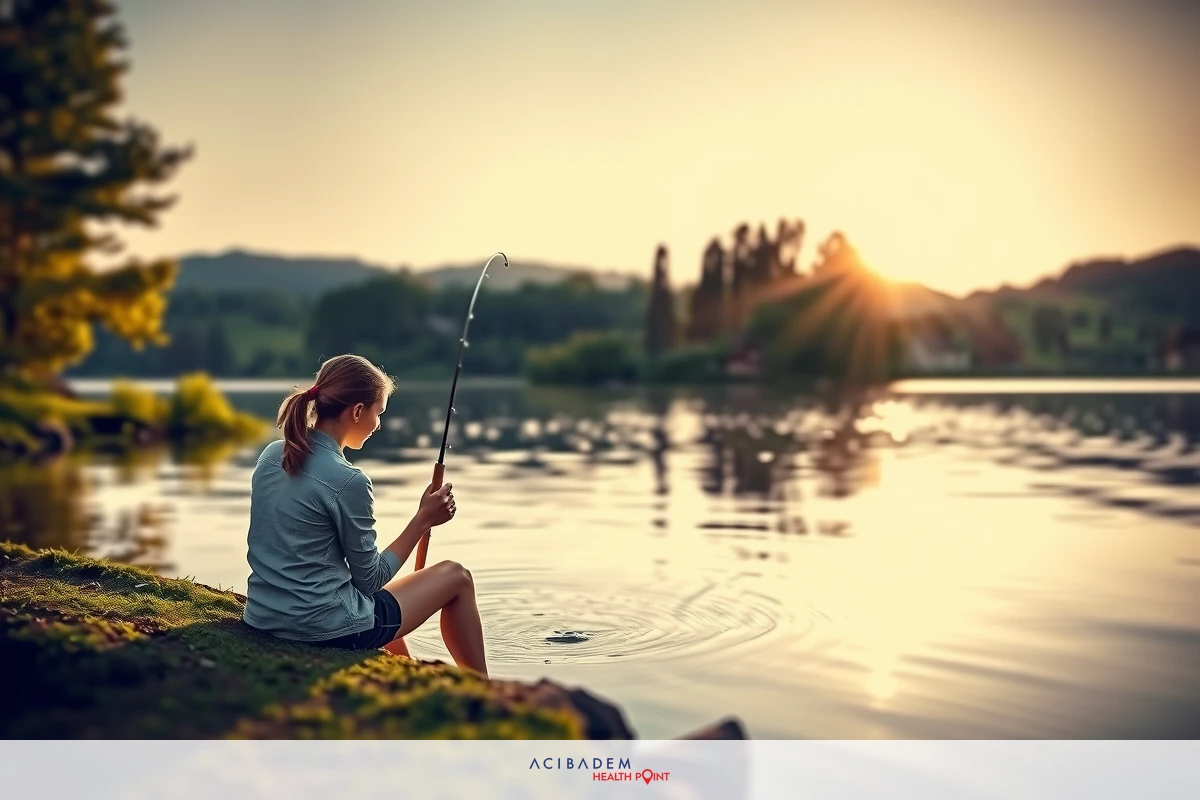 A person is sitting by the edge of a body of water, holding a fishing rod. She is facing away from the camera towards the sunset. The environment appears calm and serene with trees visible in the background.