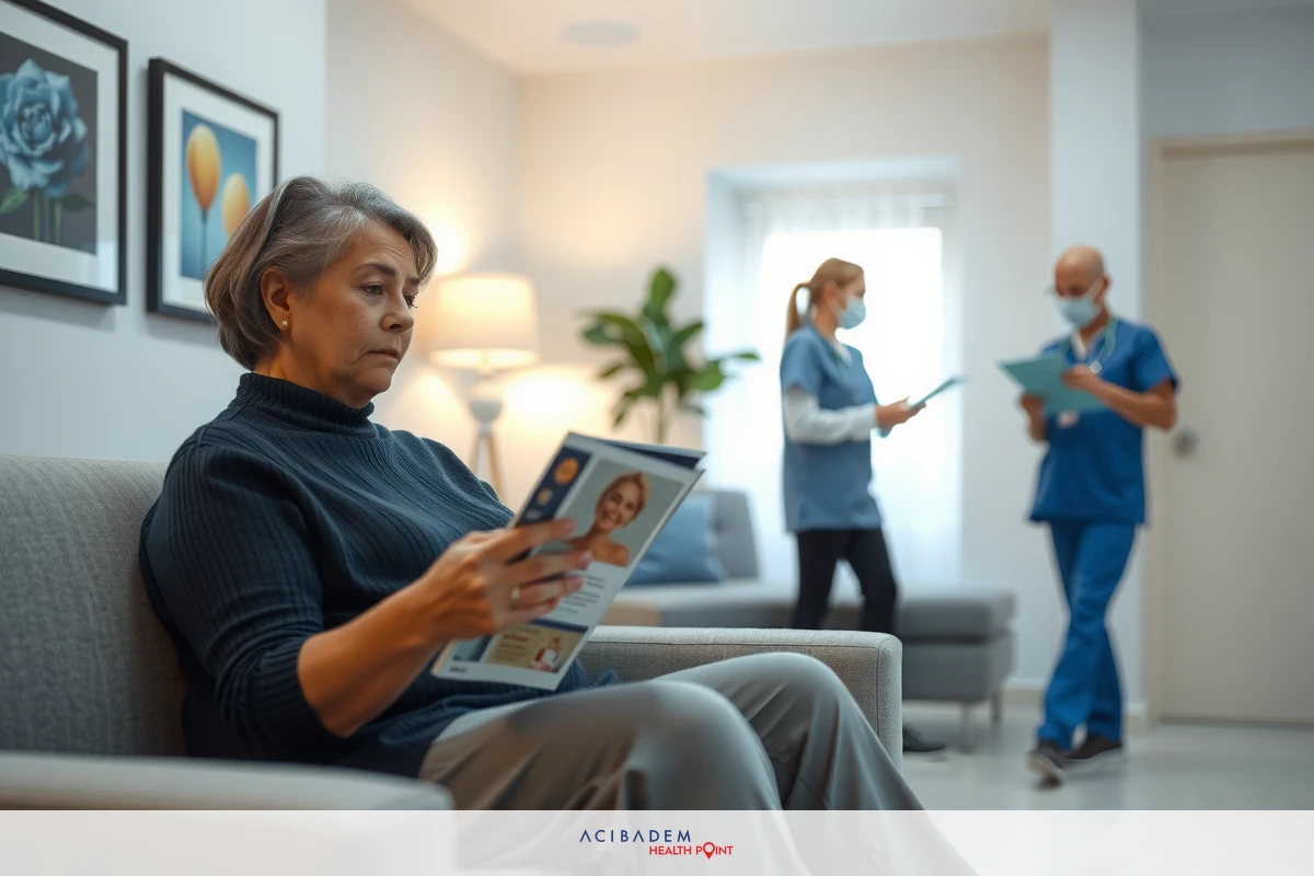 The image depicts an indoor scene where a woman is sitting on a couch, possibly in a medical office. She appears to be reading something, perhaps waiting for a consultation or simply relaxing. A nurse stands nearby wearing medical attire and holding papers, suggesting she may be preparing for a patient consultation or reviewing the woman's file. The room is decorated with artwork on the wall and plants in the background, giving it a warm and welcoming atmosphere.