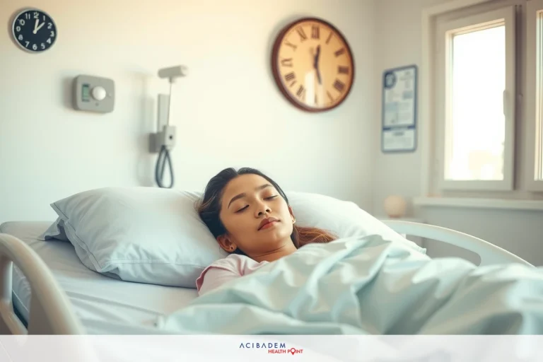 How Long Does It Take for Kenalog to Work Rhinoplasty? The image depicts a woman lying in a hospital bed, with the focus on her face. She appears to be sleeping. The room has medical equipment visible near the bed. The color palette is muted, with the dominant colors being light gray, white, and soft hues of blue and green.