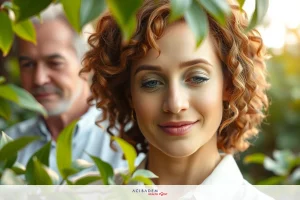 Woman with curly brown hair and dark eyes standing behind a bush of tea leaves, smiling at the camera. Older man in background looking over her shoulder. Natural setting with greenery around them.
