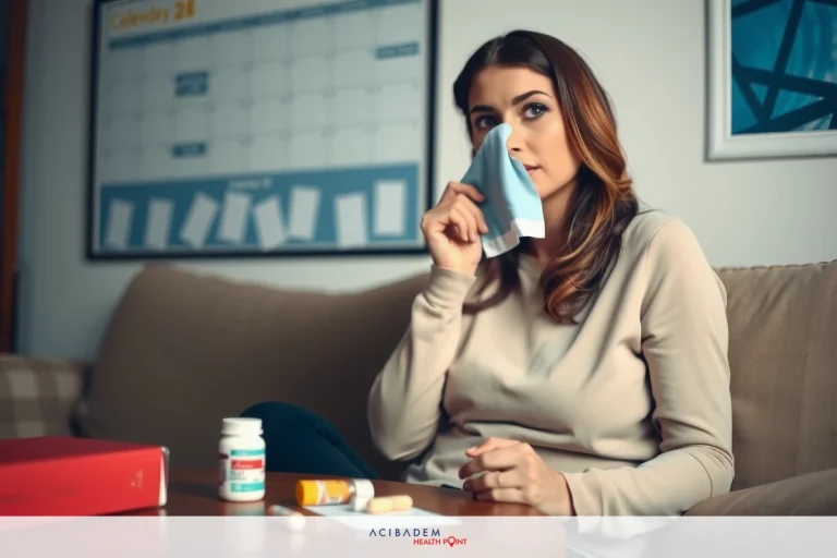 How Long After Rhinoplasty Can I Get Cortizone Shots A woman sitting on a couch, holding her nose and looking downward, with an opened box of tissues in front of her. She is wearing a sweater and has a concerned or upset expression. A desk can be seen behind her with papers and objects scattered on it.