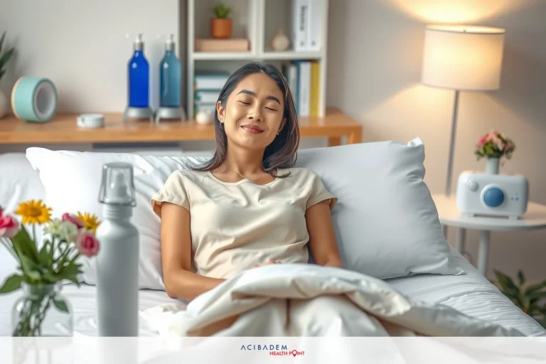 How Long After a Rhinoplasty Can You Blow Your Nose The image depicts a woman sitting up in bed, likely in a hospital room or at home. She appears to be resting, and there is an array of modern medical equipment around her that suggests she might be undergoing some form of treatment or monitoring. The environment is clean and well-lit with natural light coming through a window.