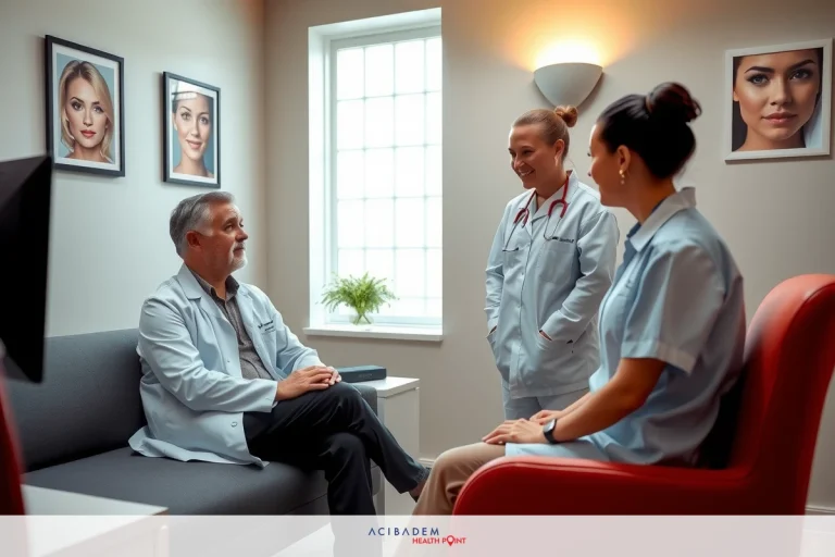 The image shows a medical consultation room with three individuals. There is one man sitting on the couch, facing two women. The man appears to be engaged in a conversation with the seated woman and the standing woman to his right. Both women are wearing scrubs and appear to be listening attentively. The room is well lit with natural light coming through a window, creating a professional yet warm atmosphere.
