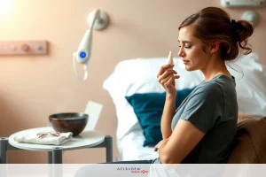 A woman sitting in a hospital room. She has short hair and is wearing a grey shirt. Her expression is contemplative as she holds a medicine bottle or something similar up to her face.