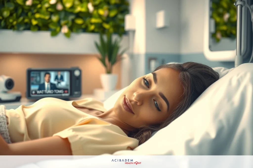 How Long Does It Take to Get Rhinoplasty? The image depicts a woman lying in bed, seemingly resting or possibly asleep. There is a television screen visible on the wall in front of her, displaying content that suggests an infomercial or a news program. She is wearing a light-colored outfit and appears relaxed. The setting seems to be a modern and well-lit bedroom with soft lighting that creates a calm atmosphere.
