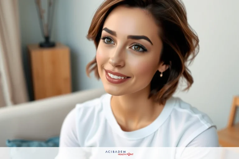 A young woman is sitting on a couch, smiling and looking away from the camera. Her expression is warm and engaging. She has a short hairstyle with bangs, and she is wearing light makeup that enhances her features. The background is softly lit, suggesting an indoor setting.