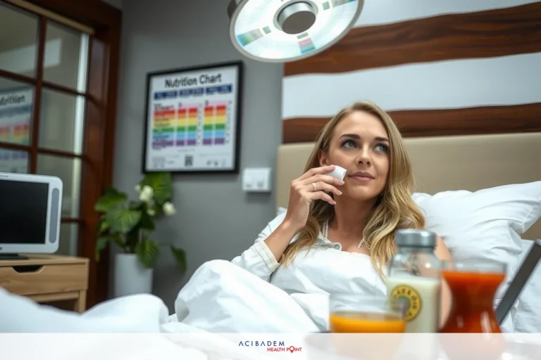 A woman lying in a bed, with various bottles on the nightstand beside her. The room appears modern and well-lit.