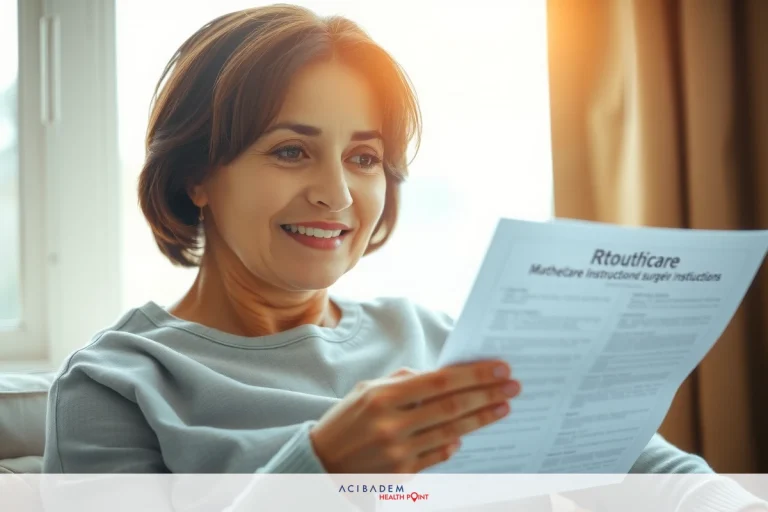 The image depicts a woman in a living room setting, looking at a document or reading material. She appears to be engaged and focused on the content of the document, which is likely related to health care or medical insurance given its text content.