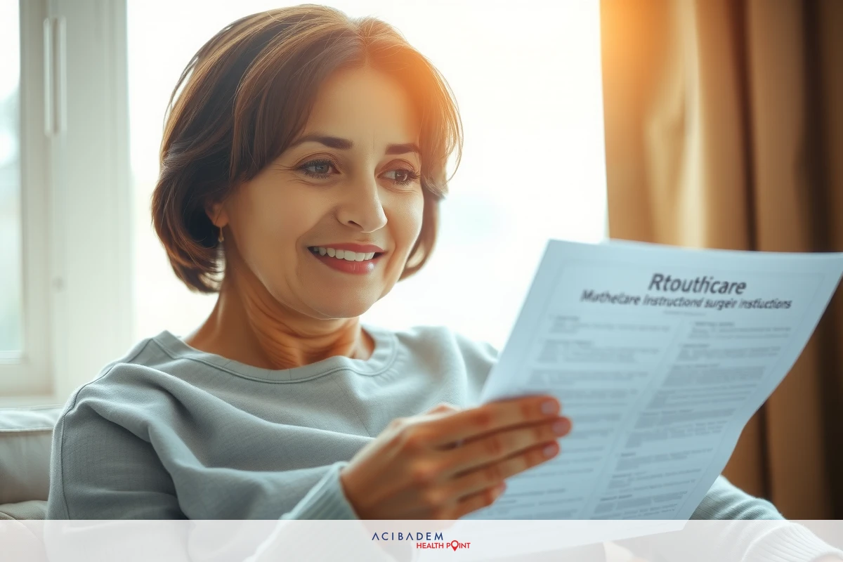 The image depicts a woman in a living room setting, looking at a document or reading material. She appears to be engaged and focused on the content of the document, which is likely related to health care or medical insurance given its text content.