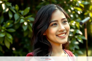 The image features a woman smiling broadly, with her head slightly tilted towards the right. She is outdoors, possibly in a forrest or garden setting. She is wearing casual attire of a red top. The overall atmosphere is one of happiness and positivity.