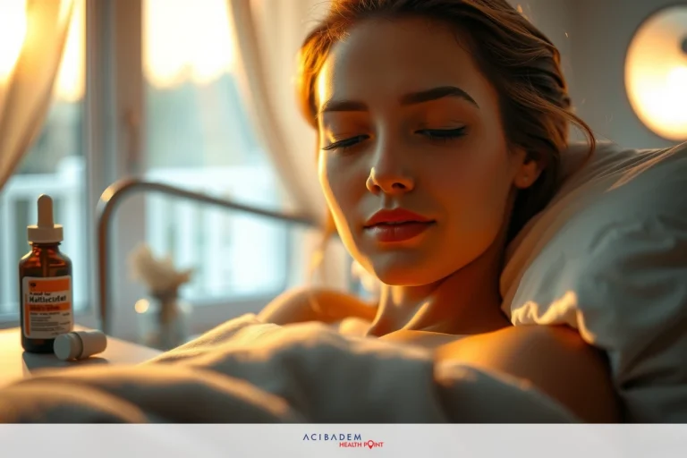 Does Tylenol Help with Post Rhinoplasty Pressure? A woman lying in bed. The room has soft, warm lighting that creates an atmosphere of relaxation and quietude.