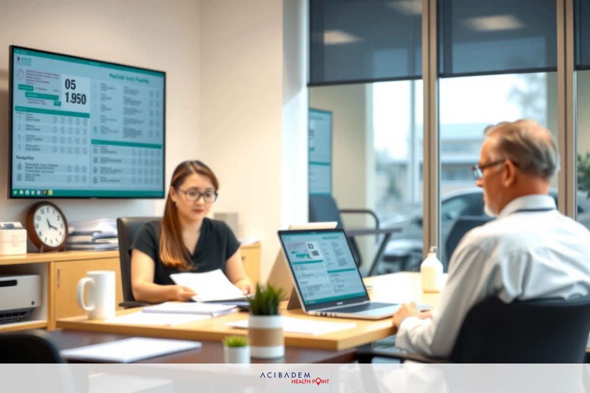 In this image, a professional office setting is depicted. A man and a woman are engaged in what appears to be a business meeting or conference call. They are seated at a table with laptops open before them, suggesting they might be discussing work-related topics. On the wall behind them hangs a large screen displaying financial data, indicating that their conversation could involve matters of investment, analysis, or finance. The room is well-lit and has a modern design, featuring contemporary furniture and decor.