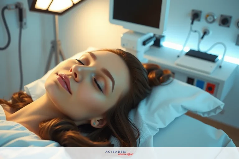 Woman lying in hospital bed with eyes closed, possibly receiving medical treatment or resting. The environment suggests a medical facility with monitor and medical equipment around her.
