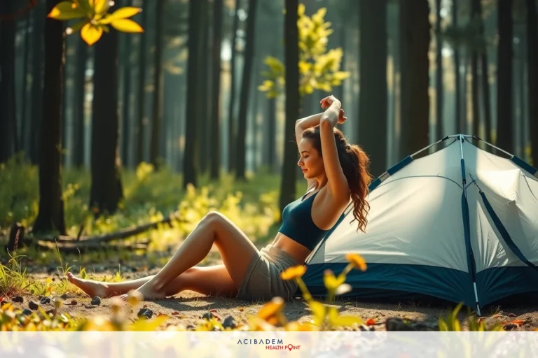 A woman laying on a campground with her hands behind her head, dressed in a bikini. Her leg is lifted playfully while she looks away from the camera. The scene includes an open tent nearby and vibrant autumn foliage surrounding the campsite.