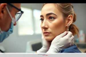 A medical professional examining a patient's neck area during an office visit. The doctor is wearing gloves and has his hand on the woman's neck. The office environment includes medical equipment and supplies typical of a healthcare setting.