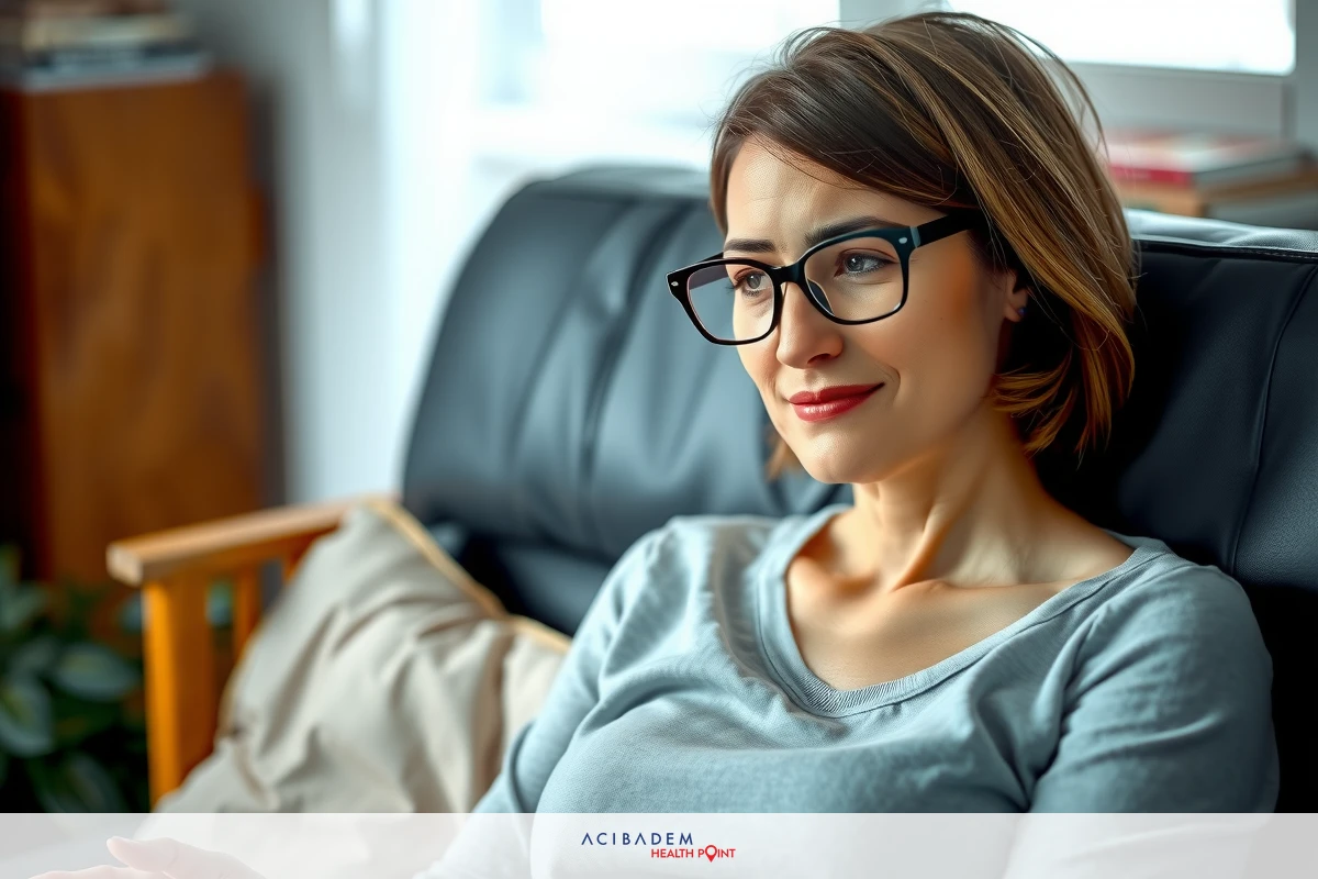 The image features a woman seated comfortably on a sofa, wearing glasses and a casual top. She appears to be engaged in a conversation or perhaps deep thought. The room is domestic, with a couch, a chair, and a potted plant visible.