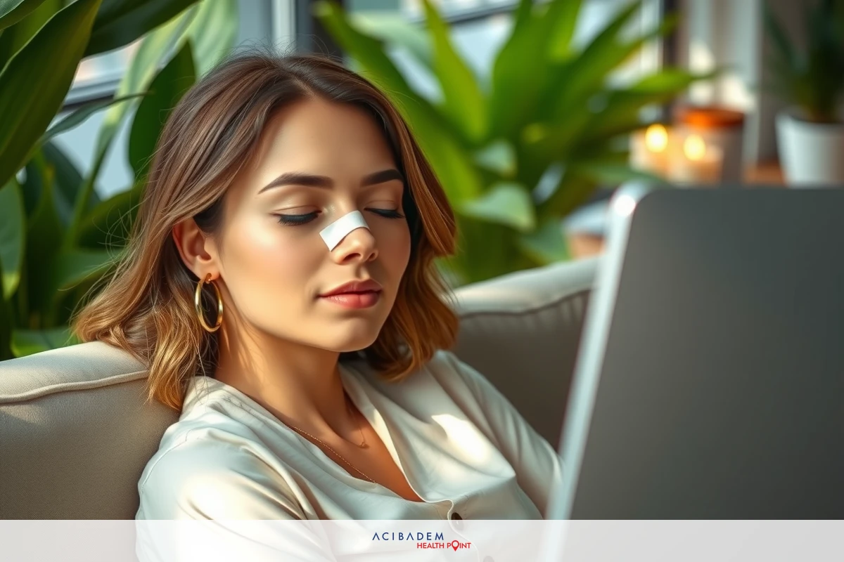 The image shows a young woman relaxing on a couch. She has her eyes closed and appears to be in a state of rest or perhaps even daydreaming. The room around her has a modern vibe with plants adding a touch of greenery. A laptop sits open on the couch next to her, suggesting she might be taking a break from work or study. The overall atmosphere is one of tranquility and contemporary comfort.
