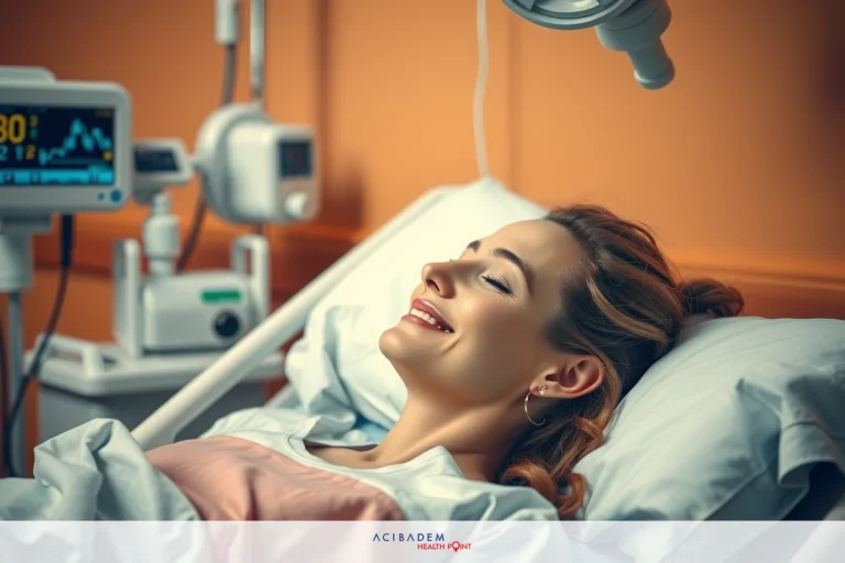 Smiling woman laying in hospital bed with medical equipment. She is wearing a pink gown and appears comfortable.
