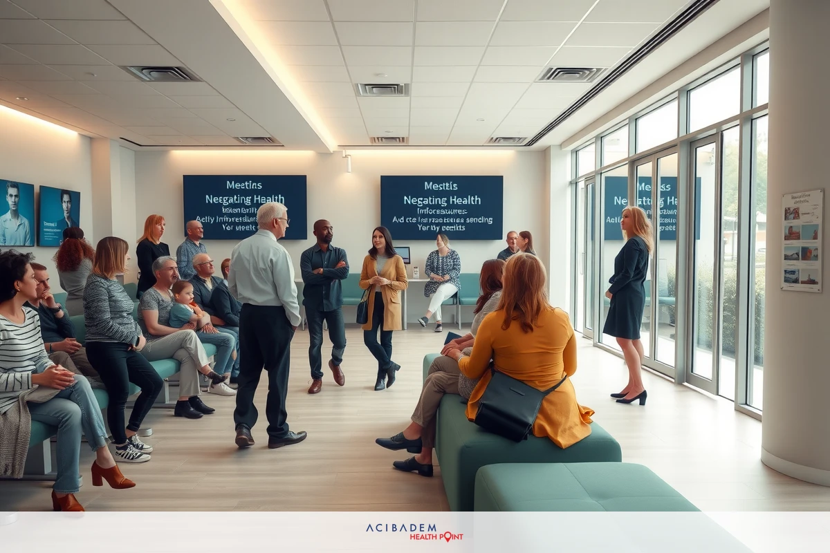 The image shows a spacious indoor room with a modern and minimalist design. There are multiple people gathered in groups, engaged in conversations. The walls are adorned with various posters and signs, possibly related to the purpose of this space which appears to be a healthcare facility or a similar professional environment.
