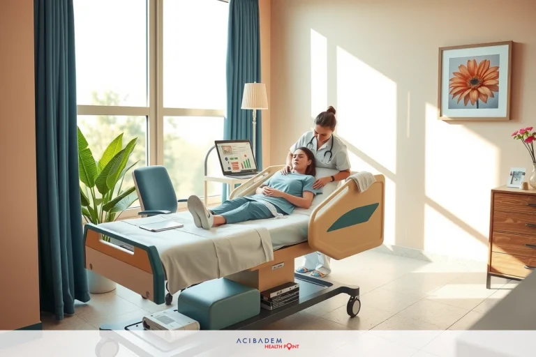 The image depicts a modern, well-lit hospital room. A nurse is attending to a patient, providing care and comfort. The room features a large bed with medical equipment beside it. There are comfortable chairs positioned for visitors. The decor includes calming elements like potted plants that add a touch of nature to the clinical environment. The color scheme is soothing with blues dominating the space, contributing to a tranquil atmosphere.