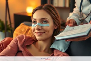 Image shows a young woman seated on a couch, smiling at her doctor who is holding an open book or notepad. The environment suggests a home visit by a medical professional.