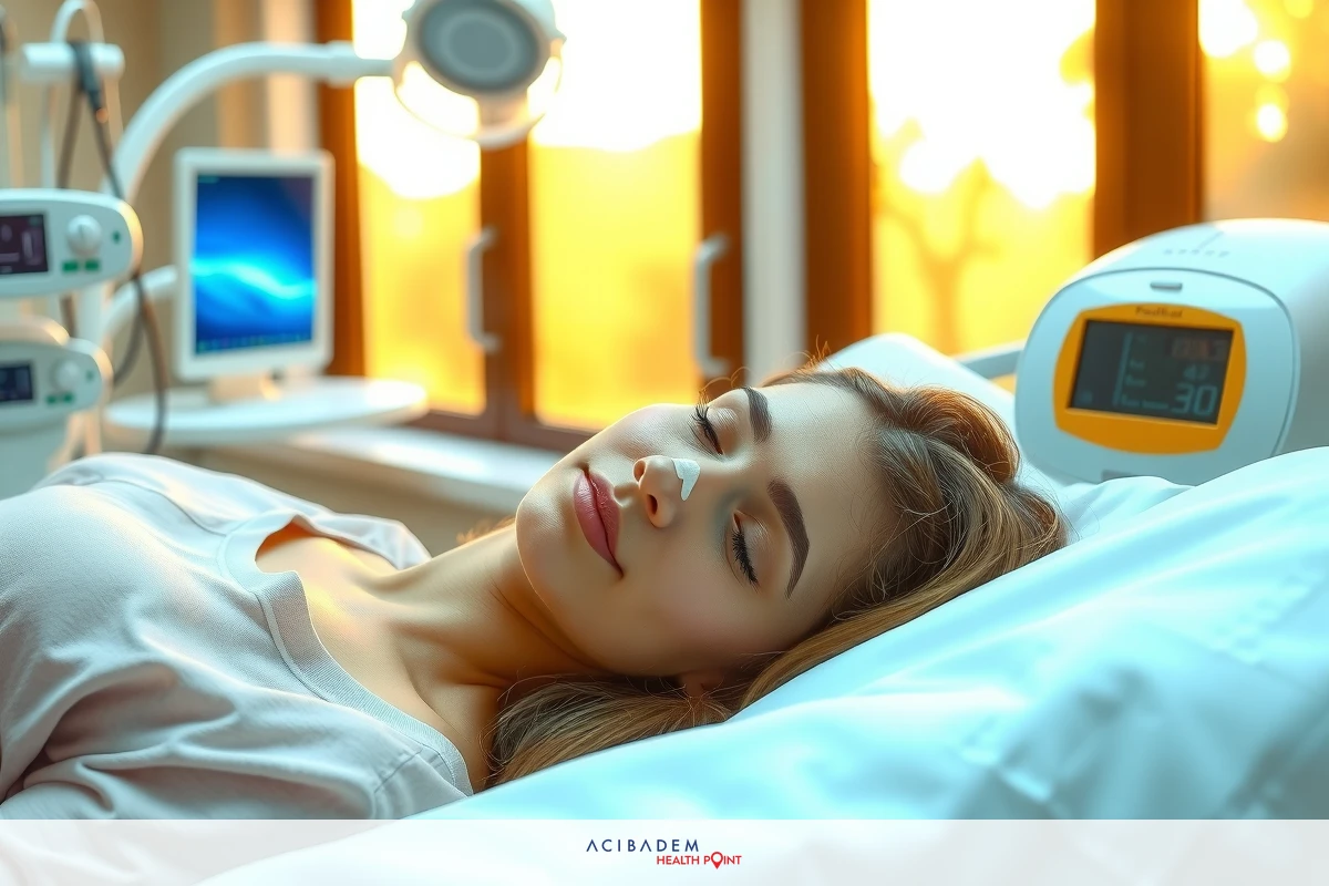 The image depicts a woman lying down on a hospital bed. She appears to be resting or possibly undergoing medical monitoring, as indicated by the array of medical equipment around her.
