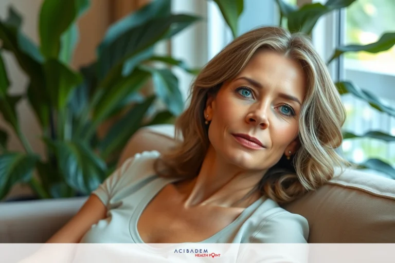 The image features a middle-aged woman with short, blonde hair. She is wearing a light beige top and has a subtle smile on her face. The setting appears to be an indoor space with a couch and potted plants in the background, suggesting a comfortable and relaxed atmosphere.