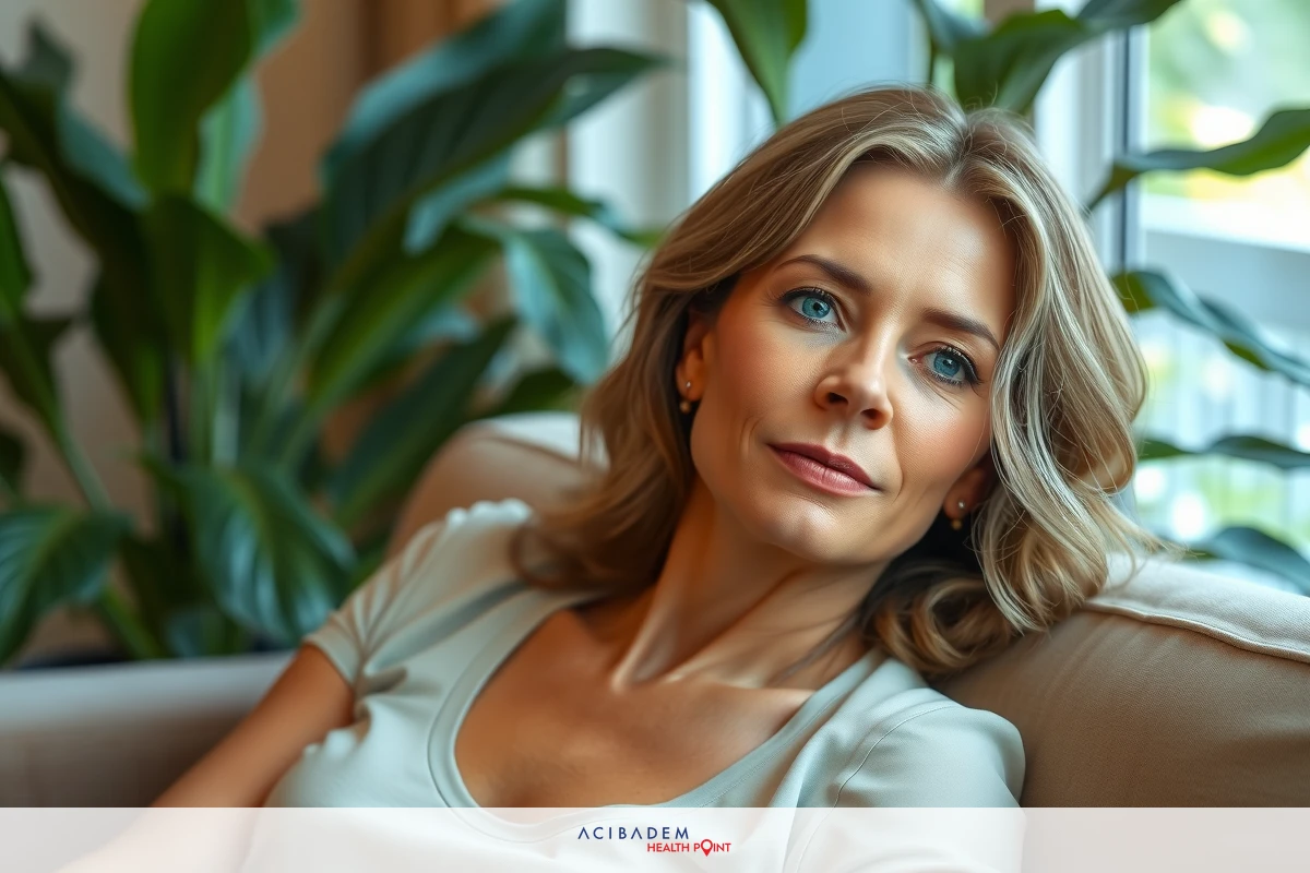 The image features a middle-aged woman with short, blonde hair. She is wearing a light beige top and has a subtle smile on her face. The setting appears to be an indoor space with a couch and potted plants in the background, suggesting a comfortable and relaxed atmosphere.