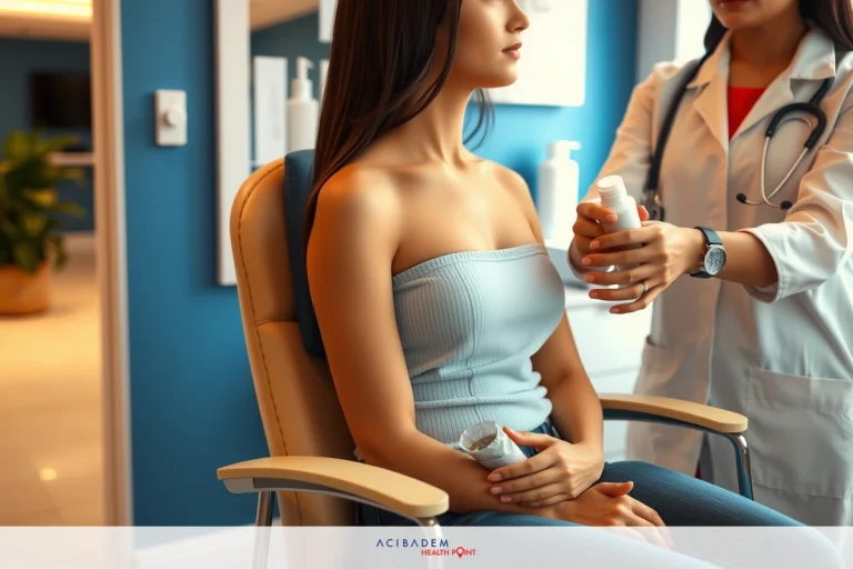The image depicts a medical setting with a female doctor and patient. The doctor is examining a young woman seated in a chair. The patient's face shows slight discomfort, possibly due to the examination.