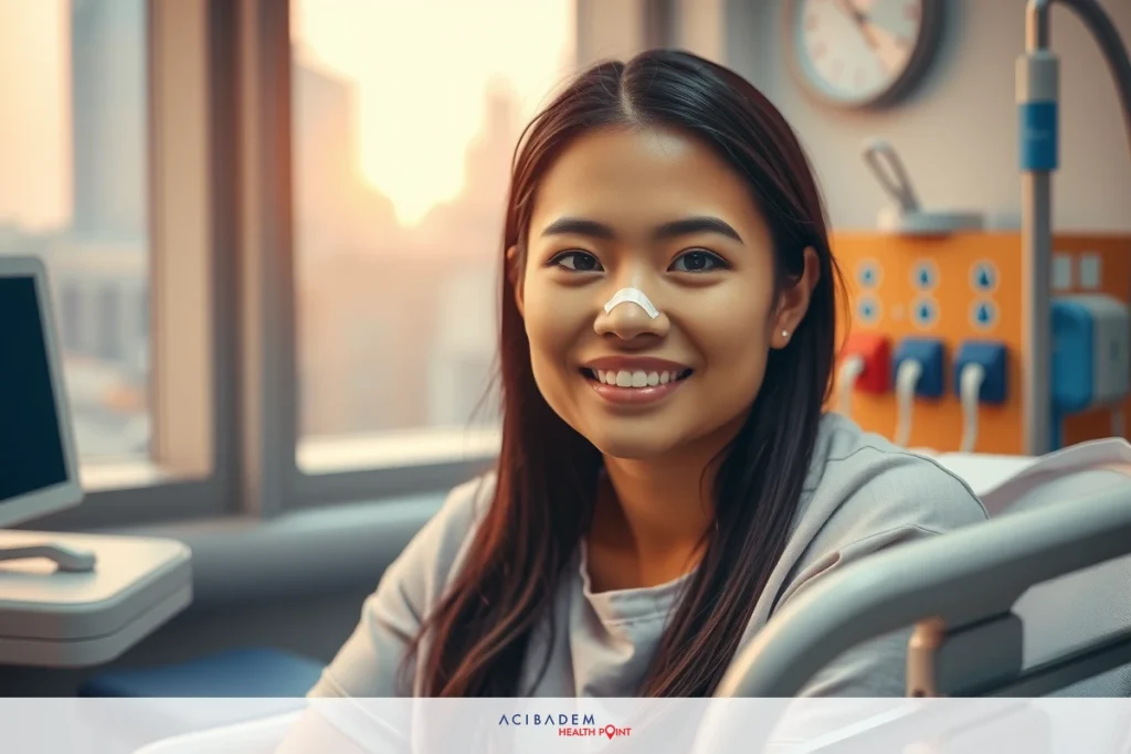 How Long Does It Take to See Rhinoplasty Results Young female patient with a light bandage on her nose. Smiling and facing the camera in a well-lit hospital room setting.