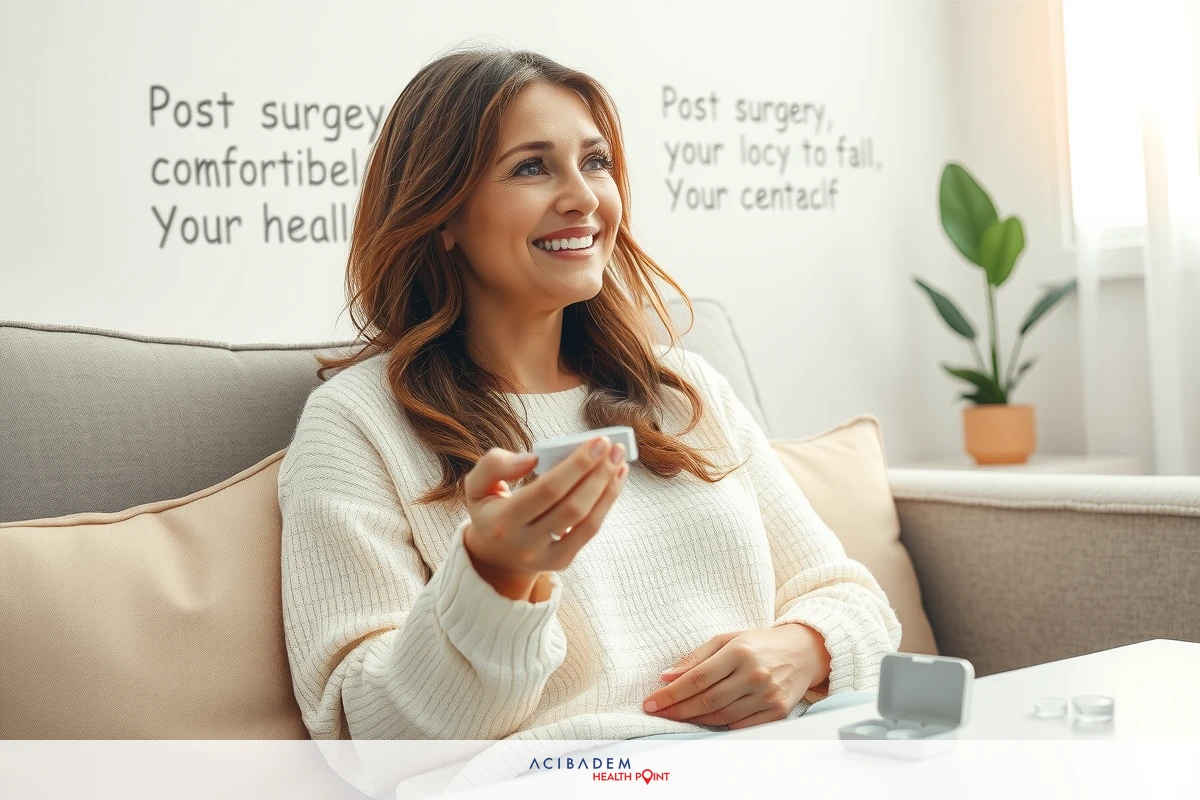 A woman in a cozy room, seated on a couch with pillows and a plant nearby. She is smiling while wearing a knitted sweater and holding a small object in her hand. The environment suggests comfort and warmth.
