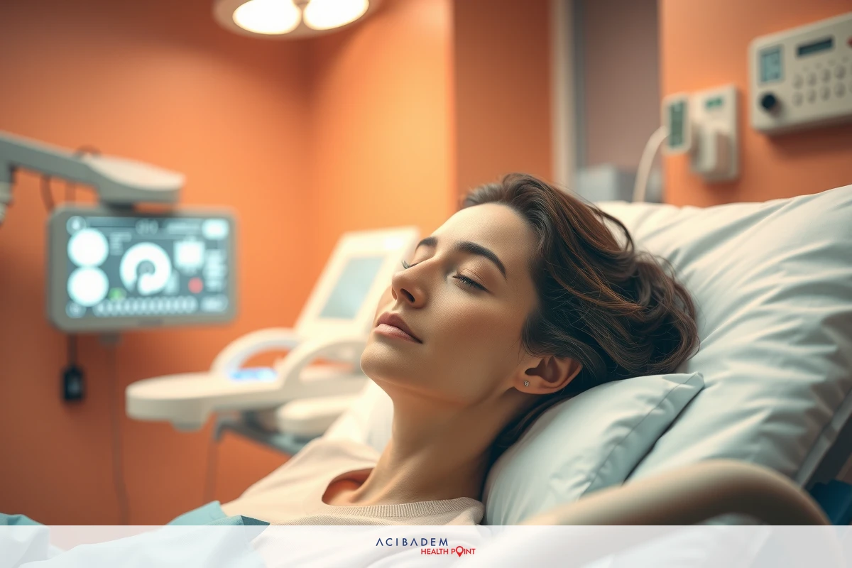 The image shows a woman lying in a hospital bed with medical equipment around her. She appears relaxed, looking upwards towards the ceiling. There is a medical monitor next to her on the wall. The environment suggests she might be waiting for tests or recovering from an illness.