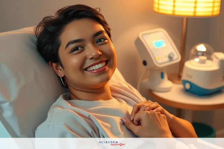 How Long Do I Have to Wear Tape After Rhinoplasty? Smiling woman in a hospital bed. She is looking at the camera, wearing a light gray top.