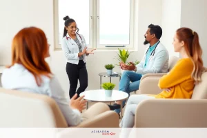 Medical team in conference room engaged in discussion, with female doctor leading a meeting.