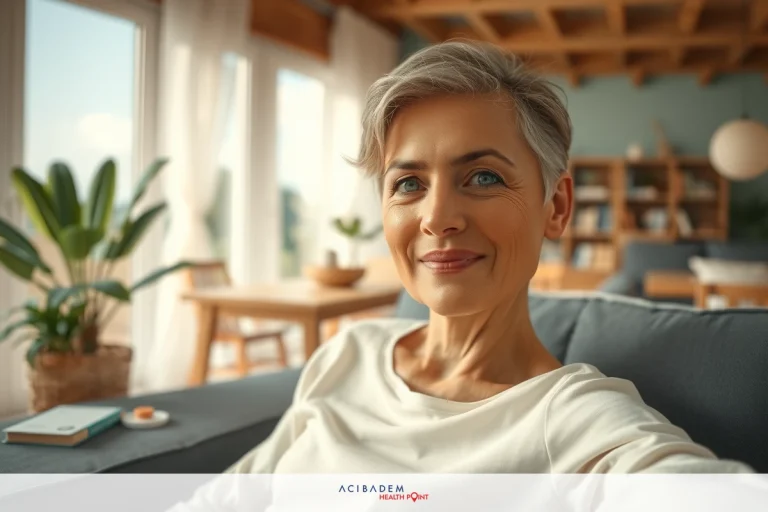How Long After a Rhinoplasty Can You Have Sex? The image shows a woman with short, gray hair sitting on a couch in a well-lit room. She is smiling and appears to be holding up her hands for a selfie. The room has a modern design with wooden floors, white walls, and furniture that includes a coffee table and shelves with various decorative items.
