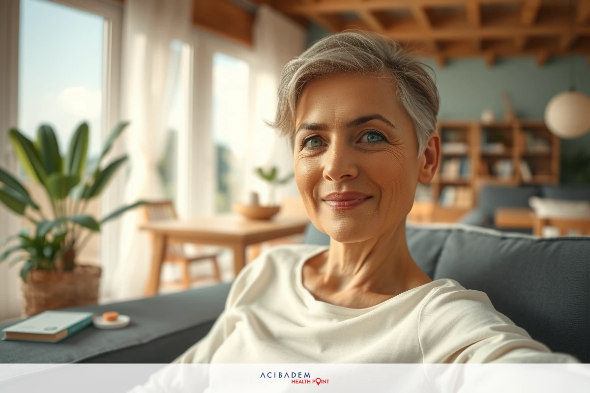 The image shows a woman with short, gray hair sitting on a couch in a well-lit room. She is smiling and appears to be holding up her hands for a selfie. The room has a modern design with wooden floors, white walls, and furniture that includes a coffee table and shelves with various decorative items.
