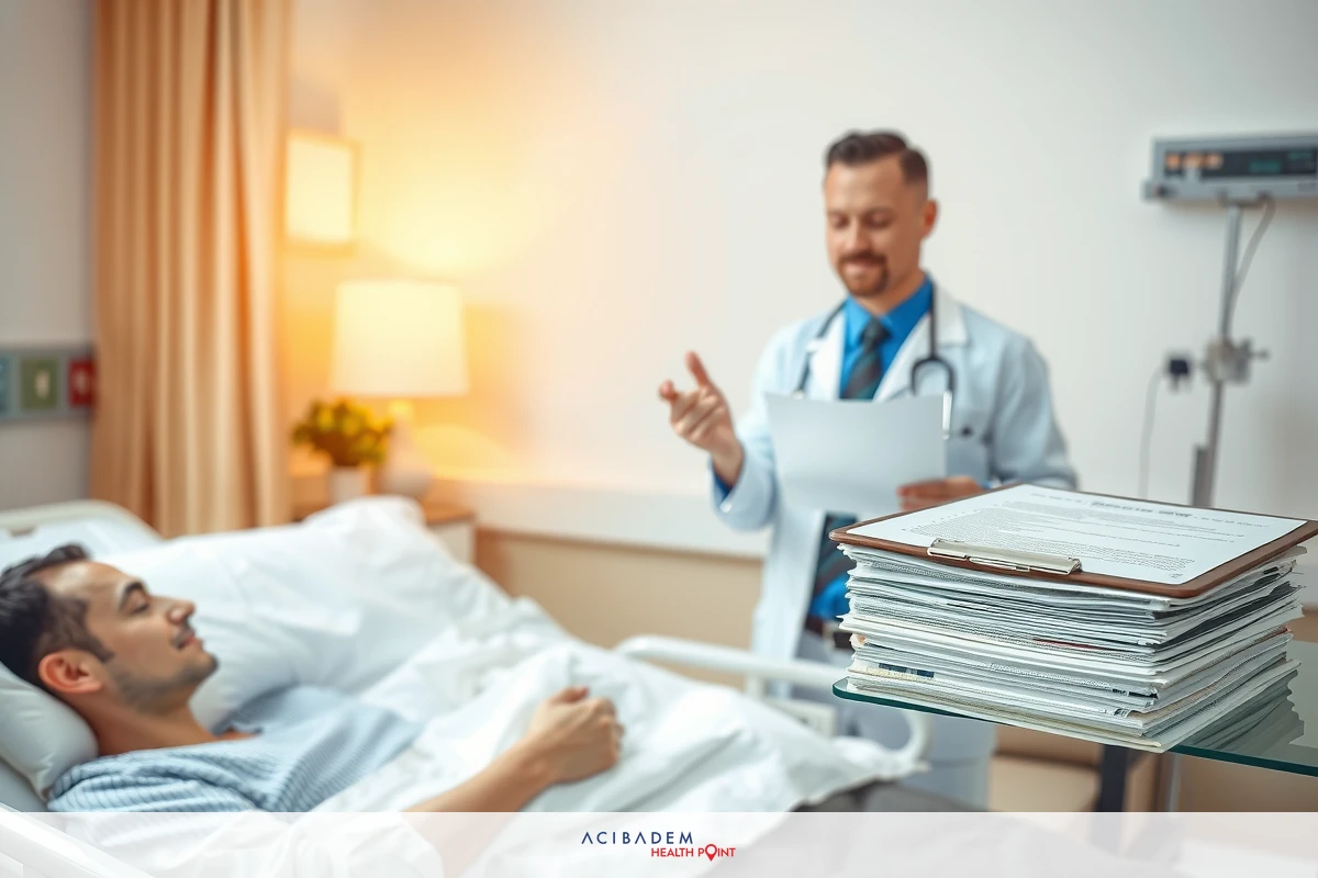 The image depicts a medical scene where a doctor is speaking to a patient who is lying in bed. The hospital room has various medical equipment, and the environment suggests a professional healthcare setting.