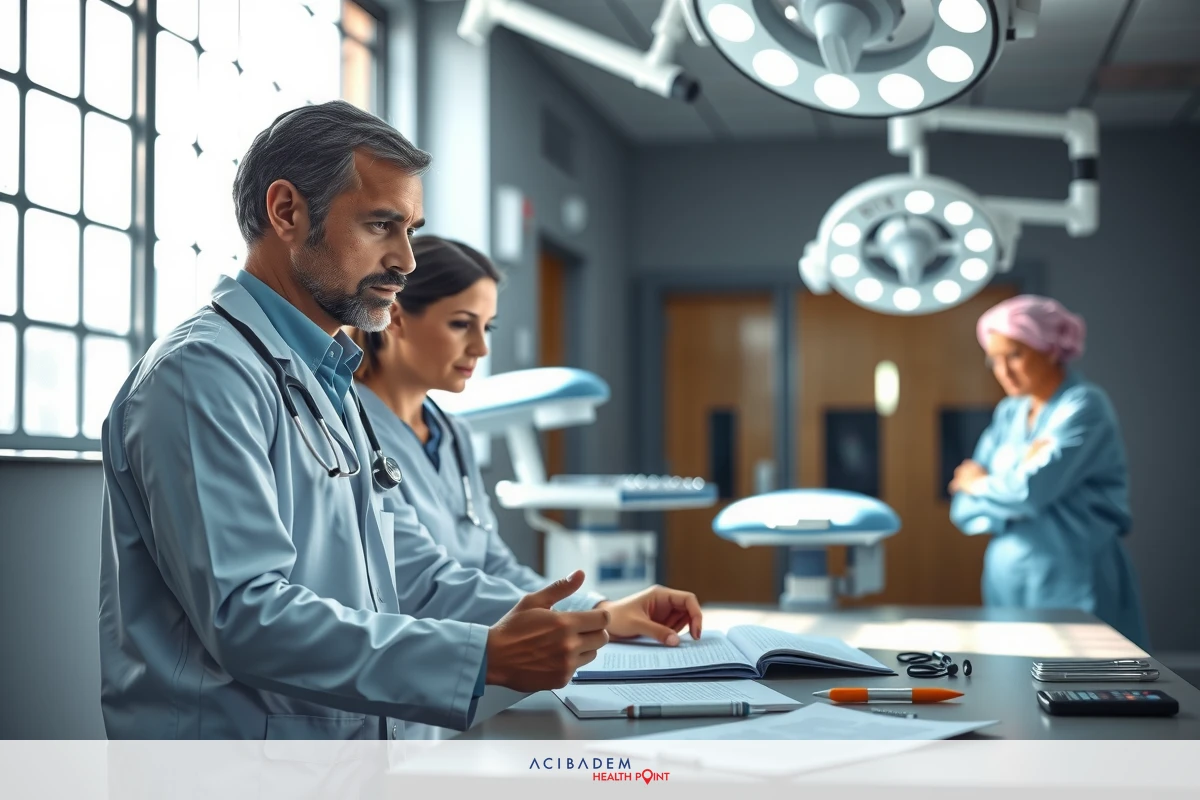 In an operating room setting, a group of surgeons in medical gowns and caps are engaged in discussion. One surgeon is wearing blue scrubs while the others have white. They are surrounded by medical equipment. A surgical lamp illuminates the scene, highlighting the professional attire of the surgeons.